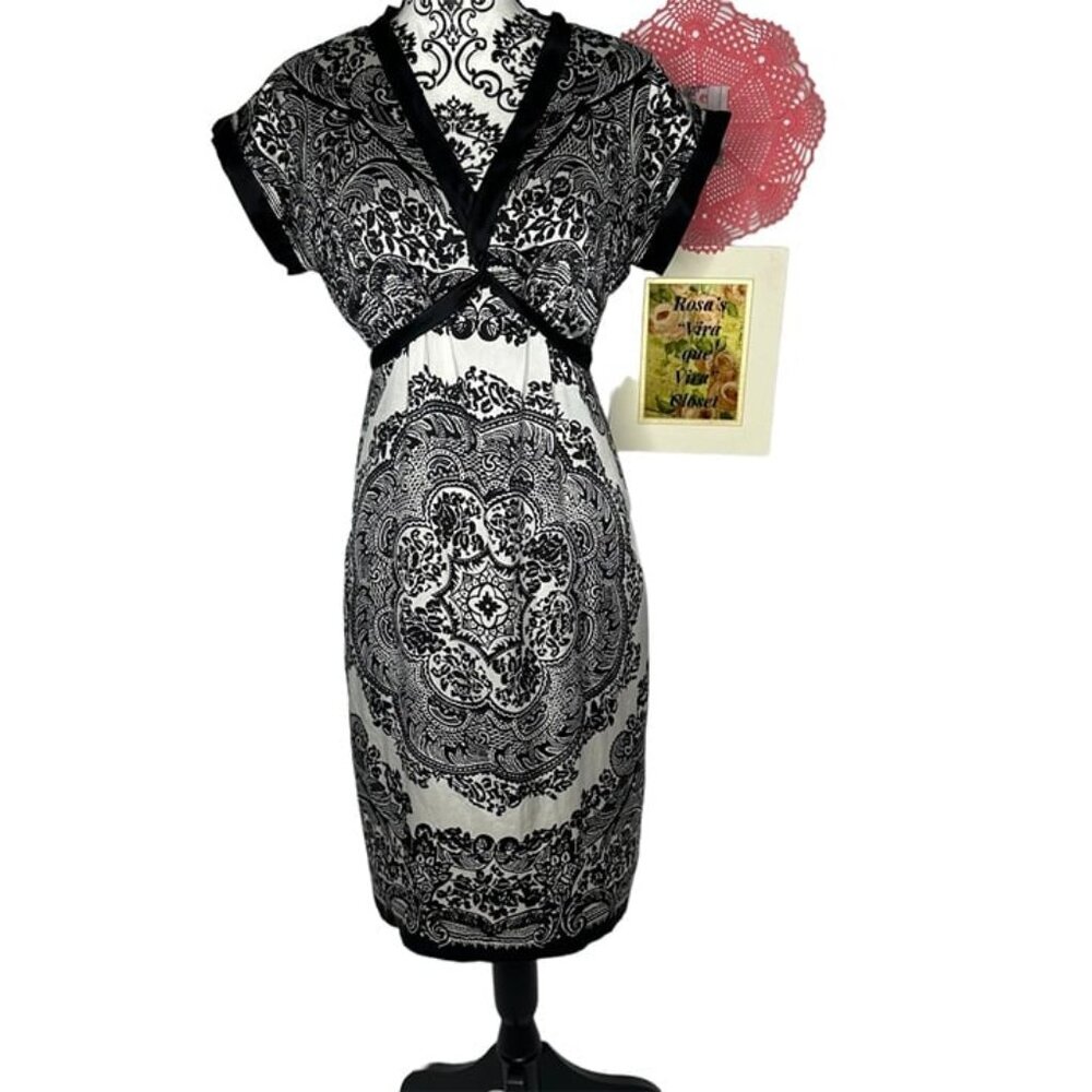 Vintage ICE Paisley Print Black and White Cap Sleeve Dress 8